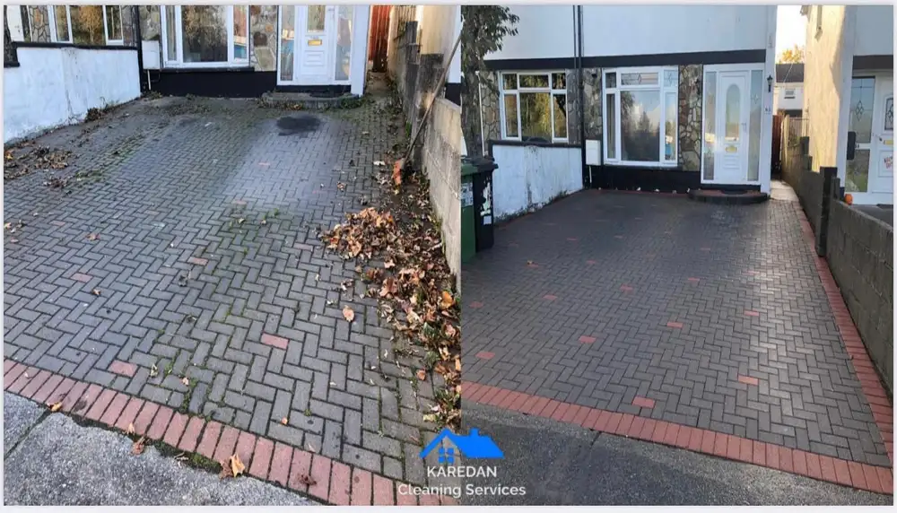 Block-paved driveway before and after power washing: green and leaf-covered on the left, clean red and grey paving on the right