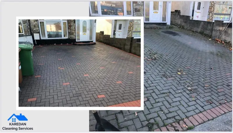 Grey block driveway before and after power washing