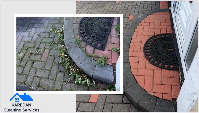 Weeds and moss in driveway joints before, and the cleaned red paving after