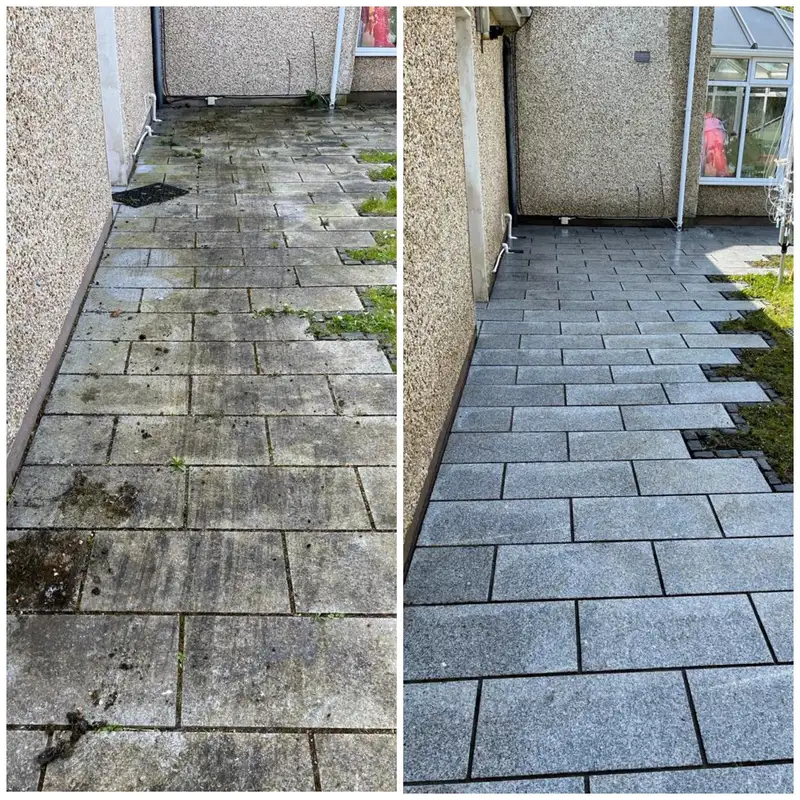 Granite paving beside a house before and after cleaning: green and dirty on the left, clean grey on the right