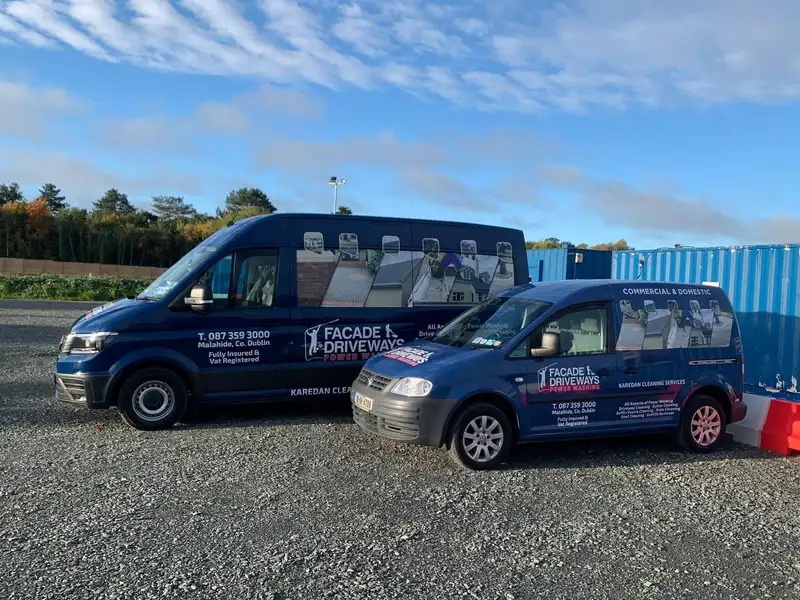 Two KAREDAN Cleaning Services vans, Facade and Driveways Power Washing, fully insured and VAT registered
