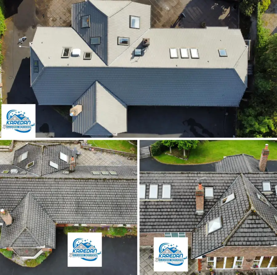 Aerial photos of the same tiled roof before and after roof cleaning by KAREDAN: dark and mossy before, clean grey tiles after