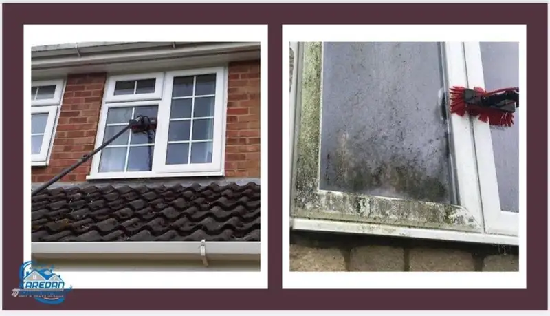 Washing a window frame and fascia with a water-fed brush above a tiled roof